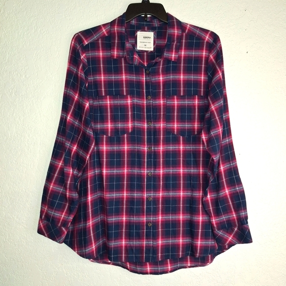 Sonoma Tops - Sonoma Button Up Shirt Women's 1X Pink Blue Plaid Long Sleeve Pockets Top Cotton
